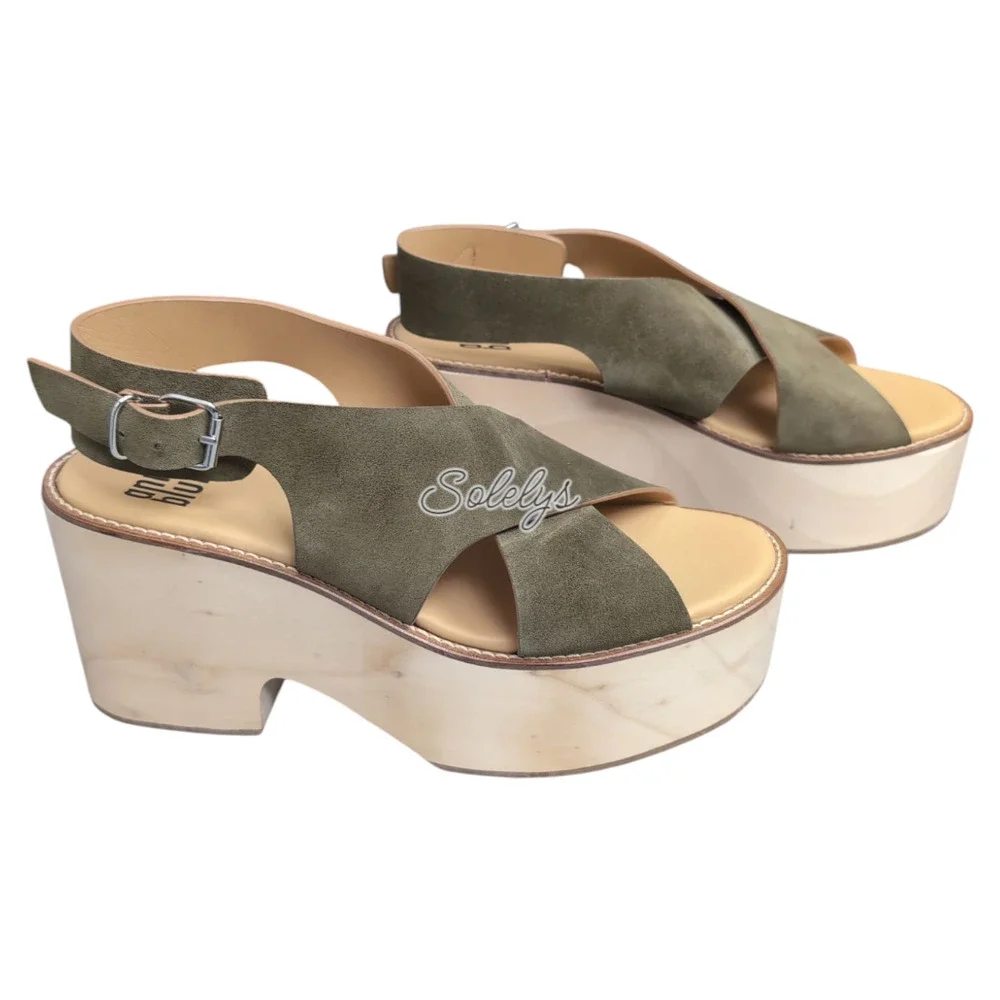 Anne Blum Sofia US 11 EU 42 Wooden Platform Suede Cross Strap Sandal Olive Green